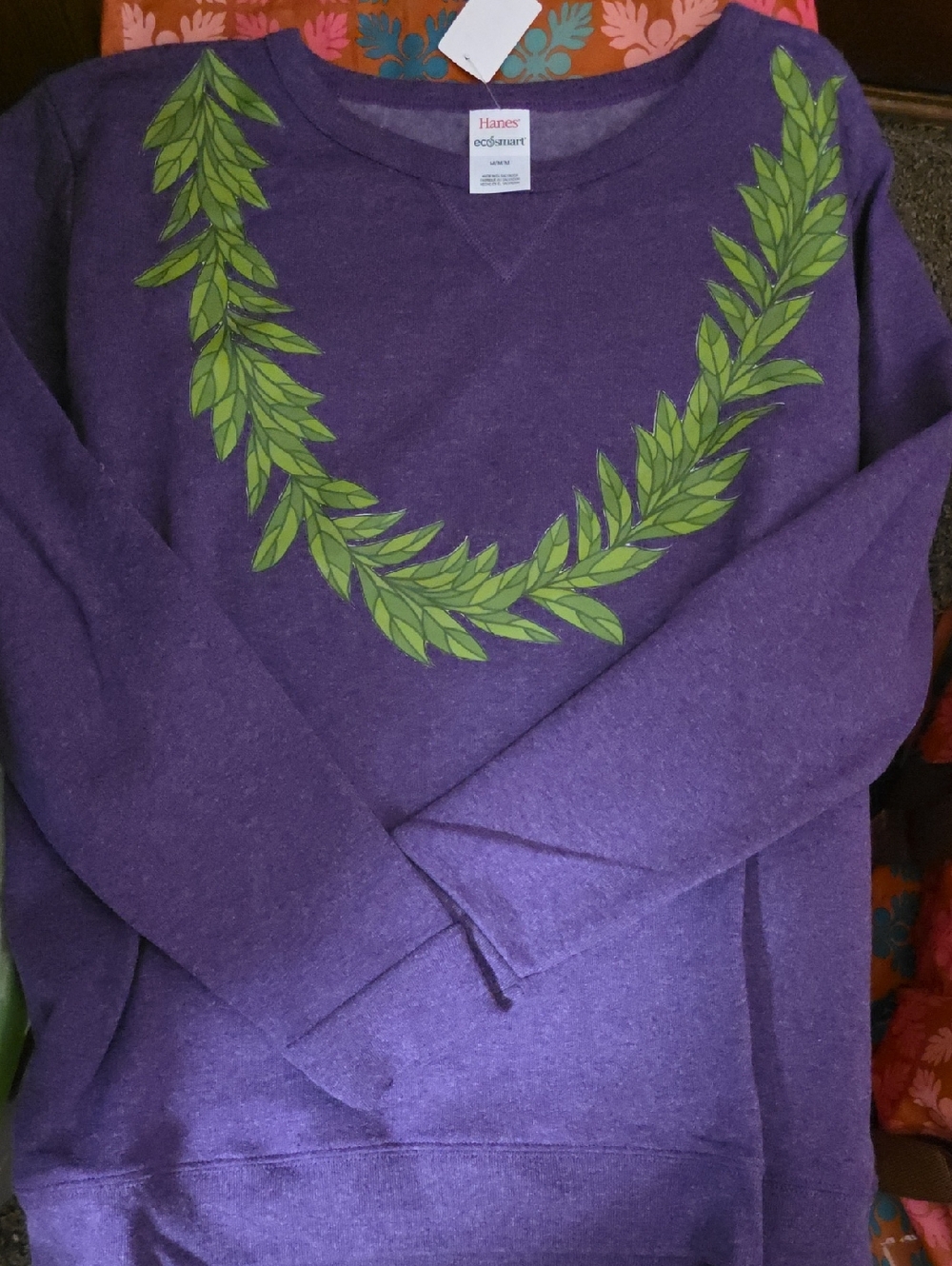 Purple Sweatshirt with Maile Lei